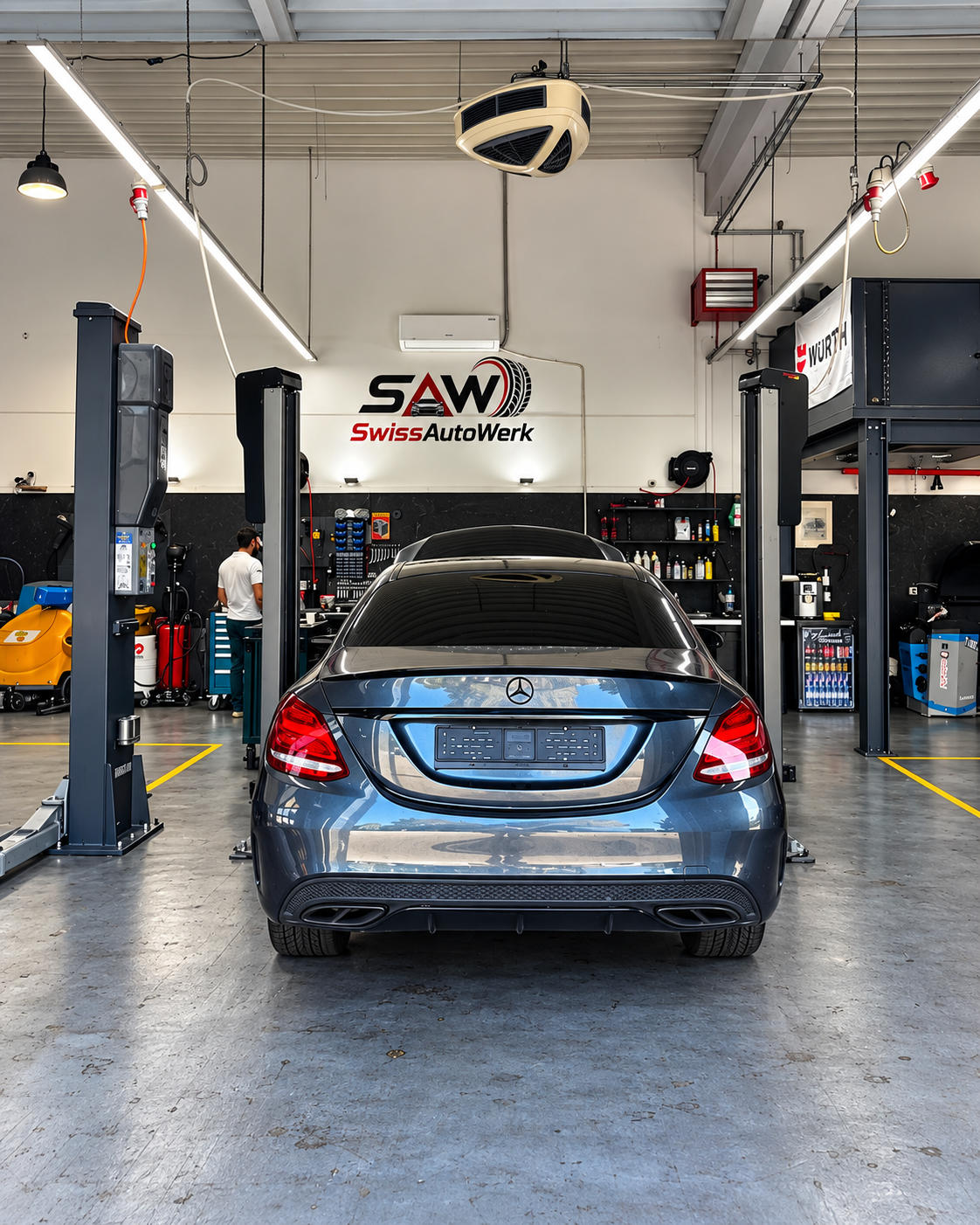 Mercedes auf der Hebebühne in der modernen SwissAutoWerk Werkstatt